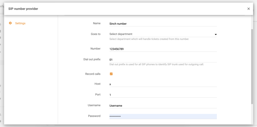 تكوين رقم Sinch في LiveAgent
