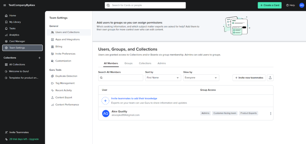 Guru - users, groups and collections