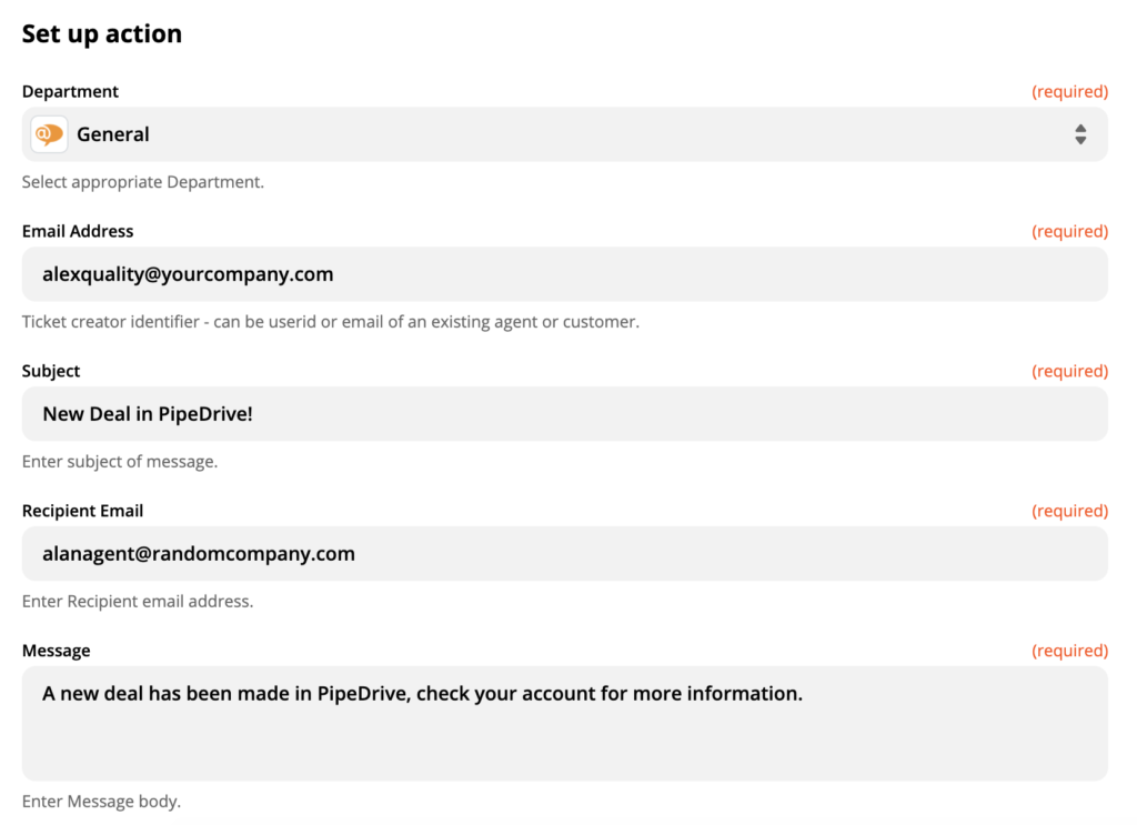 إعداد إجراء LiveAgent في عملية التكامل مع PipeDrive على Zapier